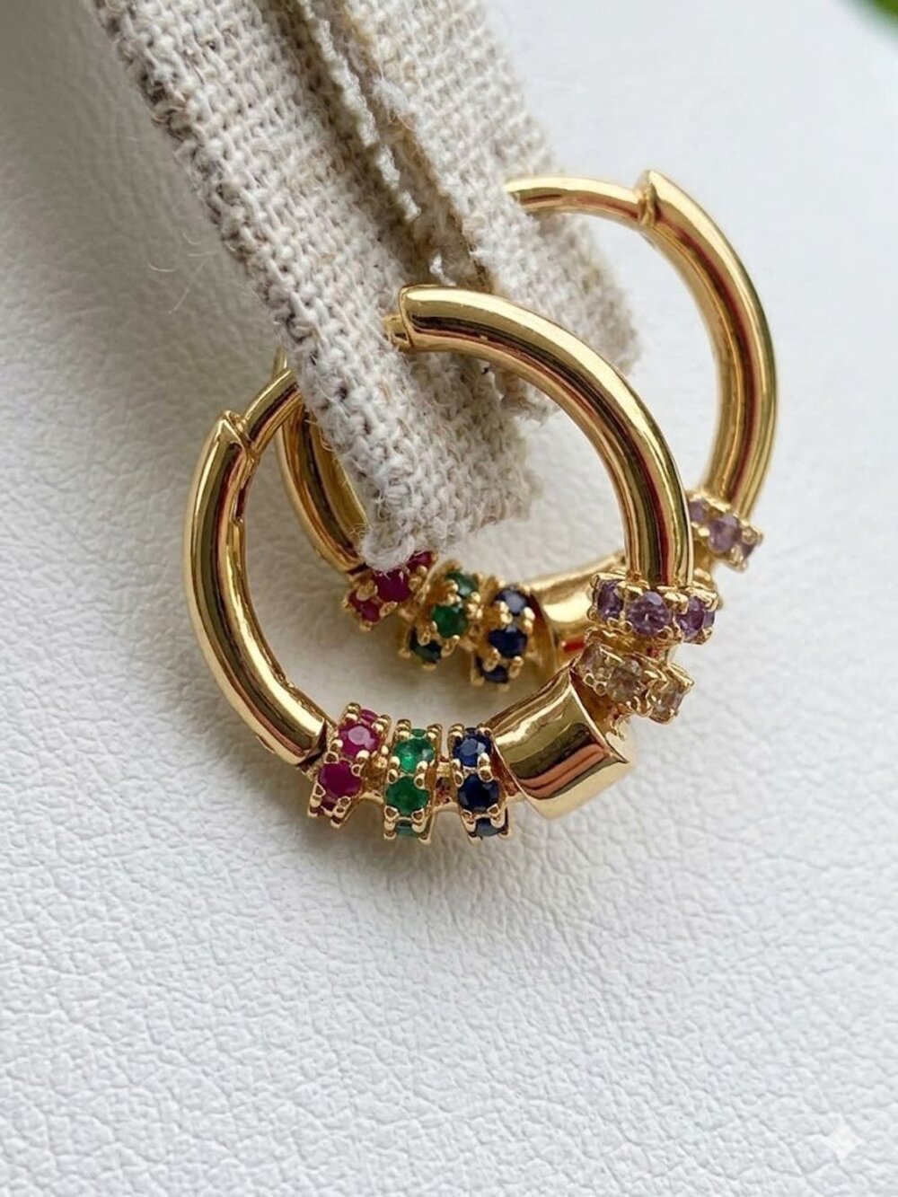 Vibrant Rainbow Multi-Gemstone Hoop Earrings – Gold Tone Finish